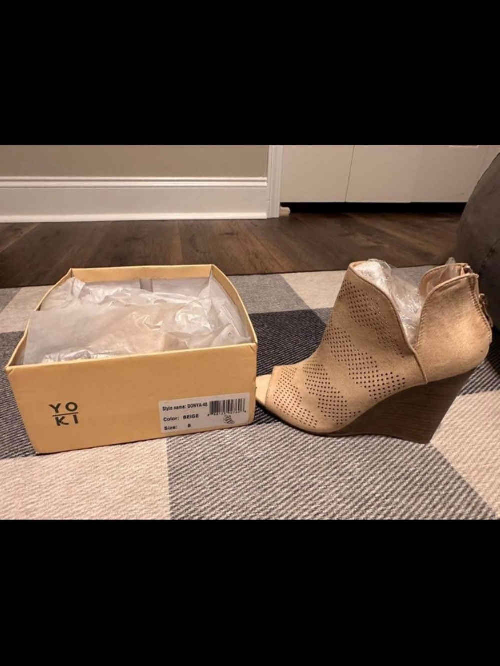 Yoki Beige Perforated Peep-Toe Wedge Booties